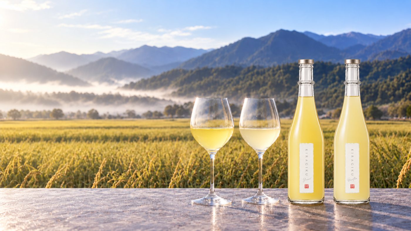 稲穂の田んぼと山を背景に、ワイングラス2脚と煌菊 YUZU・YUZU BUNTANのボトル